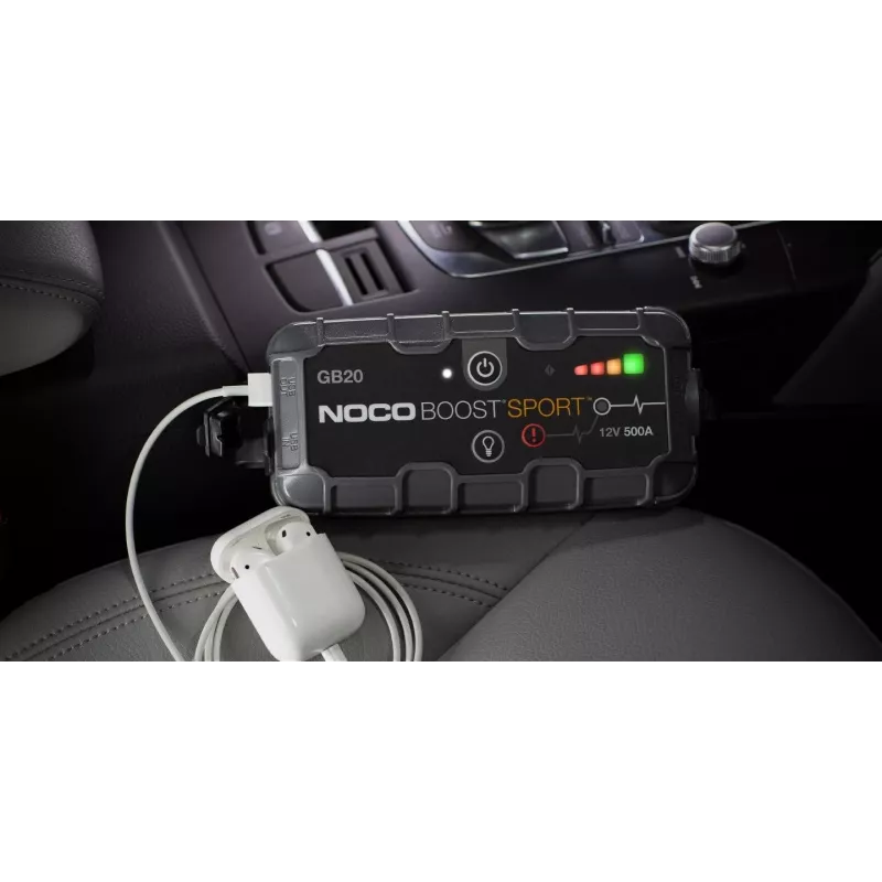 Pārlēkšanas starteris NOCO GB20 500A litija-jonu, 24Wh, IP65, 1x USB 5V/2.1A, iebūvēts lukturītis, benzīnam līdz 4L