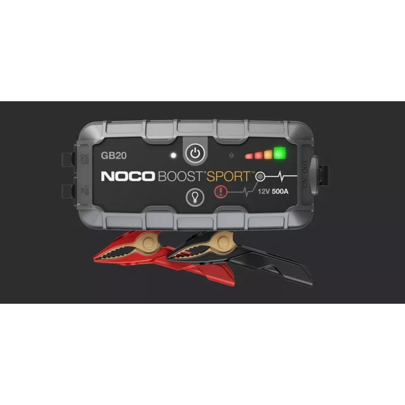 Pārlēkšanas starteris NOCO GB20 500A litija-jonu, 24Wh, IP65, 1x USB 5V/2.1A, iebūvēts lukturītis, benzīnam līdz 4L