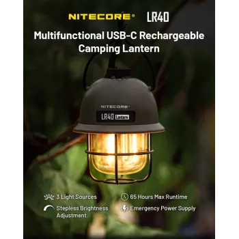 Nitecore LR40 100 lm Olīvu USB uzlādējama kempinga laterna