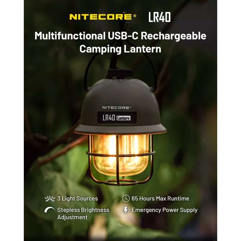 Nitecore LR40 100 lm Olīvu USB uzlādējama kempinga laterna