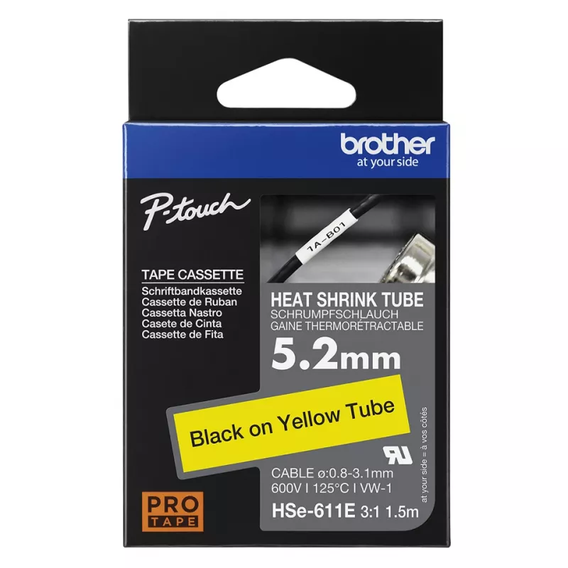 Brother HSe-611E termiski saraukošā caurule, 5.2 mm x 1.5 m, melna uz dzeltena