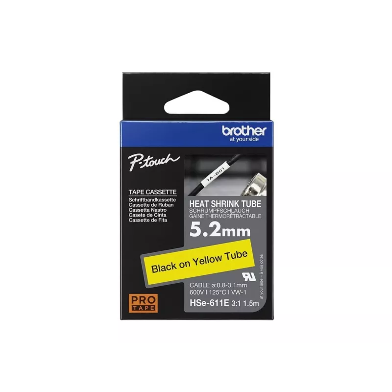 Brother HSe-611E termiski saraukošā caurule, 5.2 mm x 1.5 m, melna uz dzeltena
