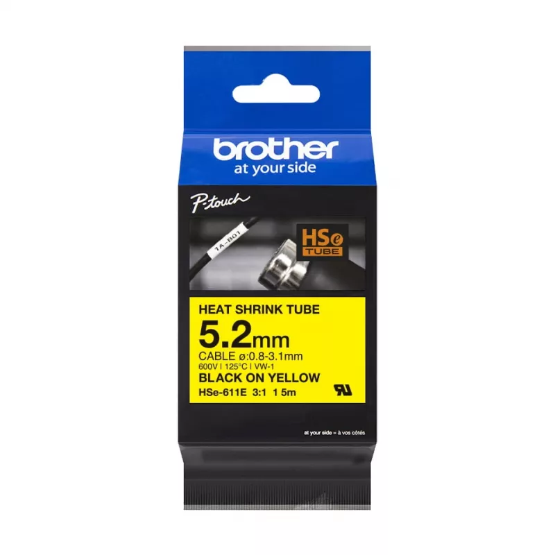 Brother HSe-611E termiski saraukošā caurule, 5.2 mm x 1.5 m, melna uz dzeltena