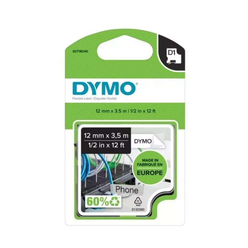 DYMO D1 Nylon etiķetes lente S0718050, 19 mm x 3,5 m, melna uz baltas