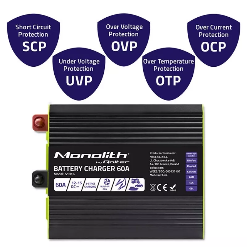 Bateriju lādētājs QOLTEC 51916 60A 12V LiFePO4, AGM, GEL, SLA akumulatoriem