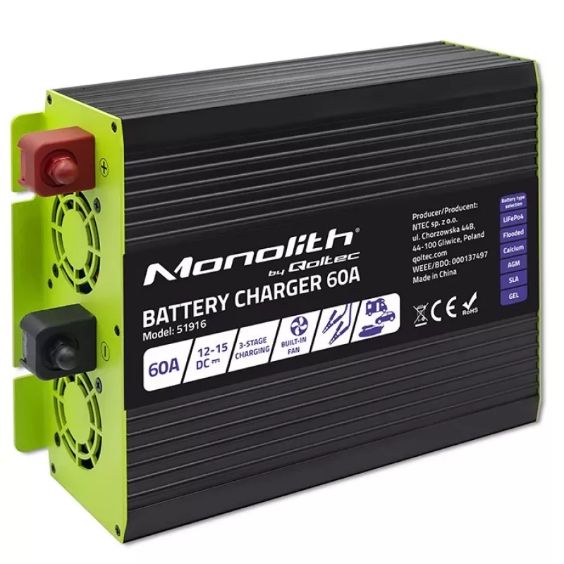 Bateriju lādētājs QOLTEC 51916 60A 12V LiFePO4, AGM, GEL, SLA akumulatoriem