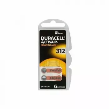 Duracell A312 cinka-gaisa pogas baterijas, 6 iepakojumā dzirdes aparātiem un mazām audio ierīcēm