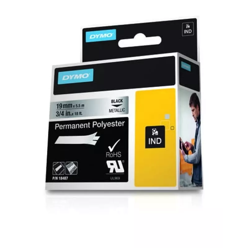 DYMO 19mm RHINO Pastāvīgais Poliesters - Melns uz Pelēku - Poliesters - D1 - Beļģija - Kaste (S0718200)