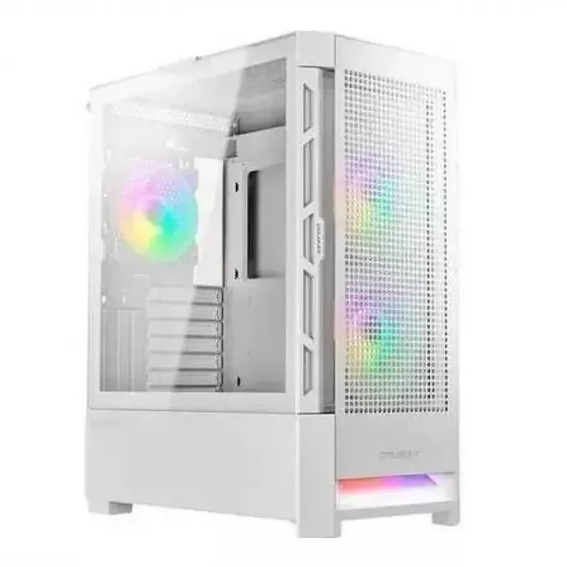 PC korpuss Cougar Airface RGB Midi Tower Balts — 230×386×491 mm, atbalsta 3x120/140 mm priekšā, 1x120 mm aizmugurē, 2.5/3.5 collu diskus