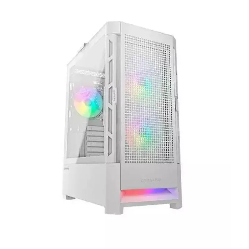 PC korpuss Cougar Airface RGB Midi Tower Balts — 230×386×491 mm, atbalsta 3x120/140 mm priekšā, 1x120 mm aizmugurē, 2.5/3.5 collu diskus