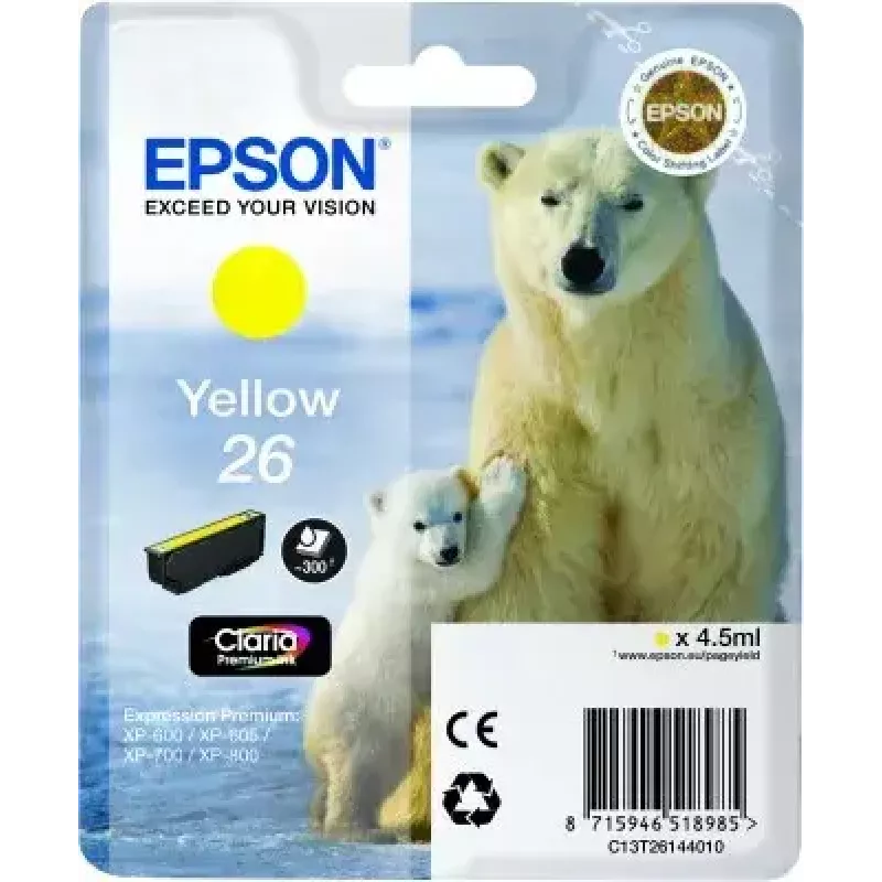 Epson C13T26144010 Dzeltenā tintes kasetne 26 Claria Premium, pigmenta bāzes, 1 gab.