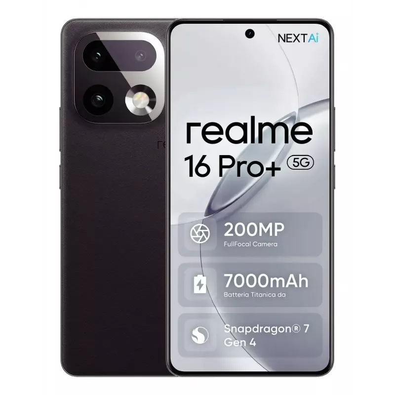 Viedtālrunis REALME realme 16 Pro+ — 6.8 collu (17.3 cm) 1280×2800, Snapdragon 7 Gen 4, 12 GB RAM, 512 GB, 200 MP trīskāršā kamera, 7000 mAh, Pelēks