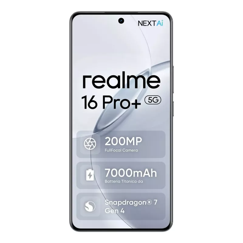 Viedtālrunis REALME realme 16 Pro+ — 6.8 collu (17.3 cm) 1280×2800, Snapdragon 7 Gen 4, 12 GB RAM, 512 GB, 200 MP trīskāršā kamera, 7000 mAh, Pelēks