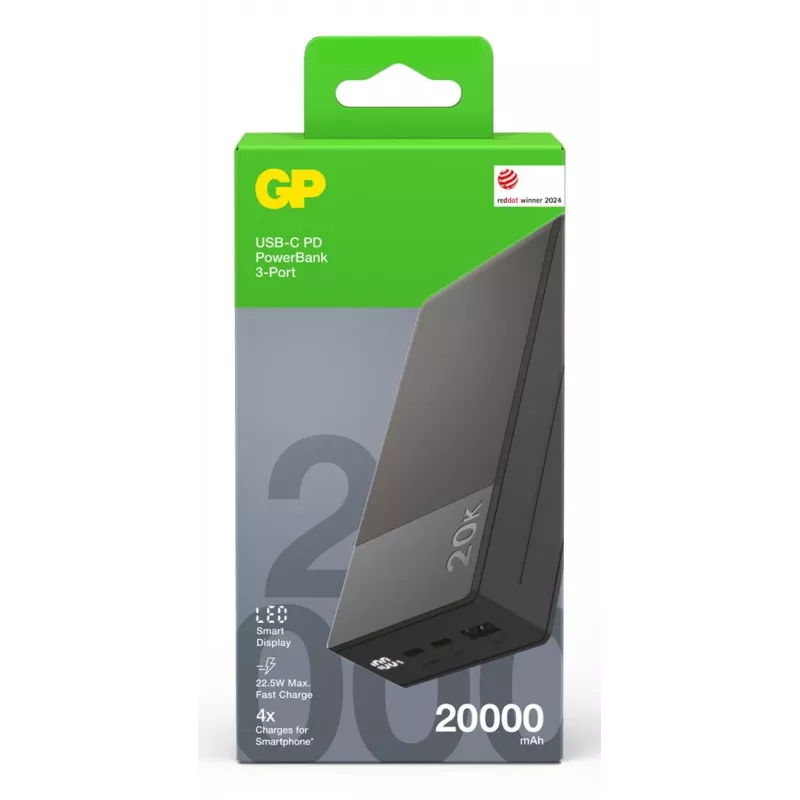 GP Battery GP PowerBank M2+ 20C 20000mAh 2xUSB-C/1xUSB-A melns LED indikators (GPPBM20CGYMSR287)