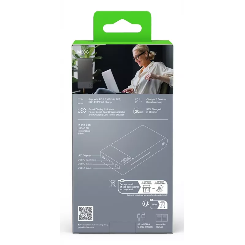 GP Battery GP PowerBank M2+ 20C 20000mAh 2xUSB-C/1xUSB-A melns LED indikators (GPPBM20CGYMSR287)