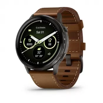 Viedpulkstenis GARMIN Venu 4 45 mm (1,4 collu) AMOLED 454×454 pikseļi, Wi‑Fi, GPS, 8 GB, melns korpuss, brūna ādas siksna