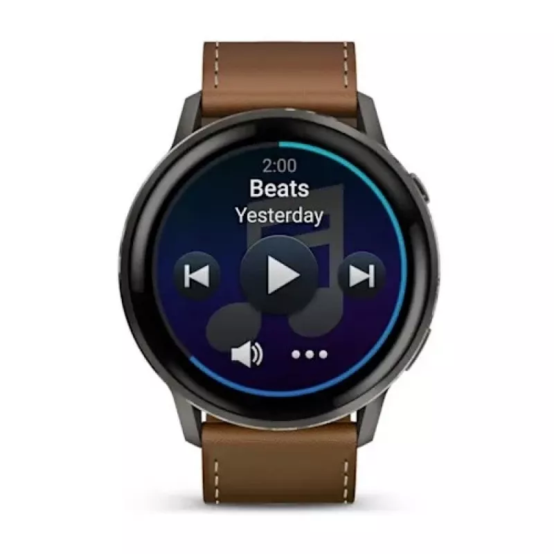 Viedpulkstenis GARMIN Venu 4 45 mm (1,4 collu) AMOLED 454×454 pikseļi, Wi‑Fi, GPS, 8 GB, melns korpuss, brūna ādas siksna