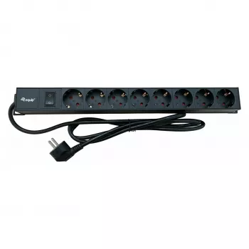 Strāvas sadalītājs EQUIP 19 inch 90° CEE7/7 uz 8x Schuko ligzdām ar slēdzi, alumīnijs