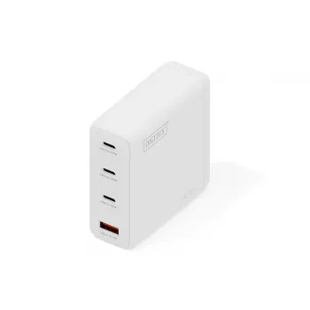DIGITUS USB GaN lādētājs 140W — 3× USB‑C, 1× USB‑A, 100–240V, balts