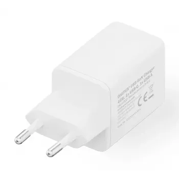 Sienas lādētājs DIGITUS USB GaN 45W — 1× USB-C, 1× USB-A, Ieeja 100–240V, Balts