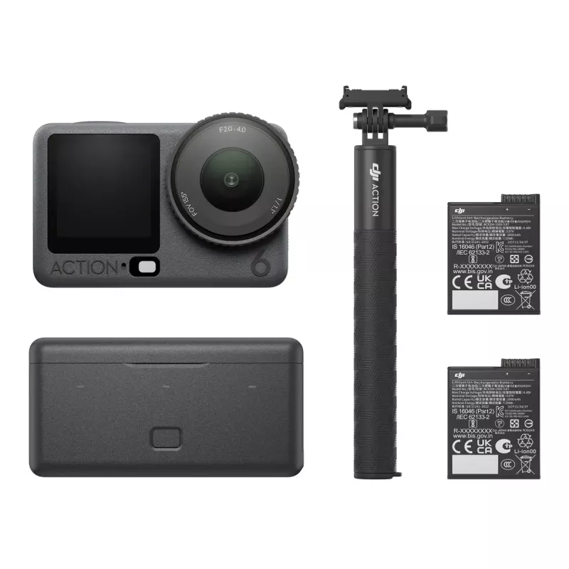 Action kamera DJI Osmo Action 6 Adventure Combo — 38 MP, 4K Ultra HD, 1/1.1 collu CMOS, 155° redzes lauks, 2x digitālais tālummaiņa