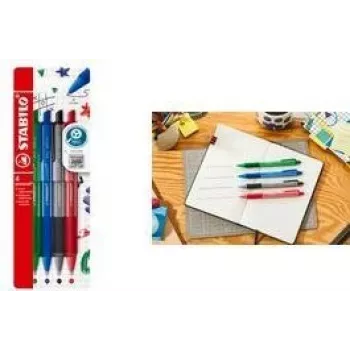Pildspalva Stabilo pointball colorful, 4 gabalu komplekts maciņā, neslīdošs satvēriens, mīksta tinte (6033/4)