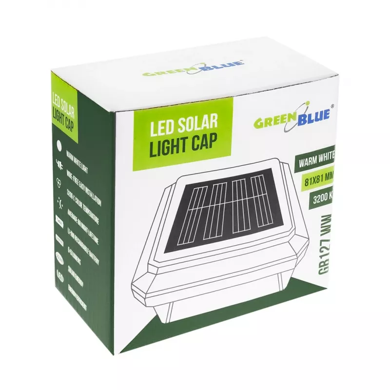 Saules LED staba lampa GreenBlue GB127 WW — neitrāli balta 3200K, 80×80 mm aploksnes formas abažūrs, NiMH akumulators