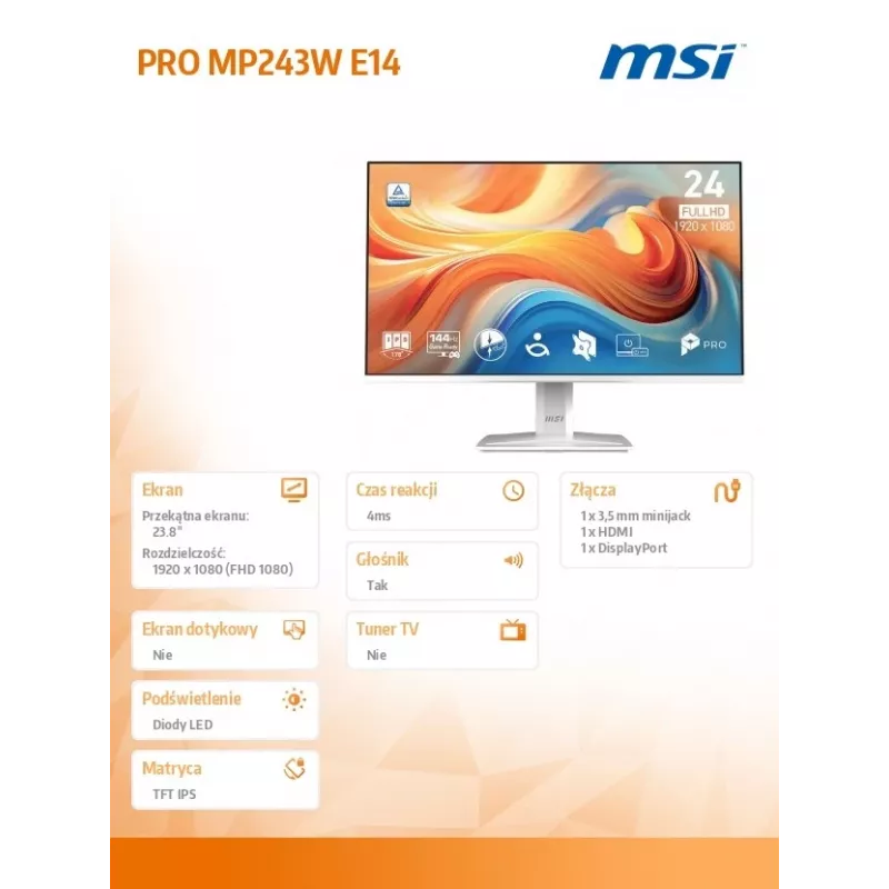 MSI PRO MP243W E14 23.8 collu LED FHD plakanais monitors 144Hz balts