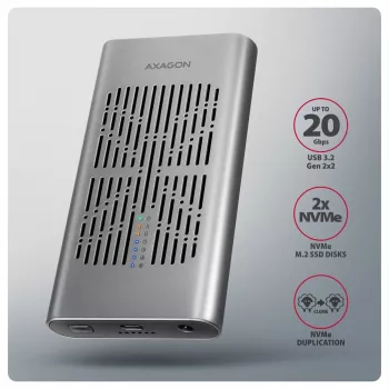 Ārējais korpuss AXAGON EEM2-20GD USB-C 20 Gbps diviem M.2 NVMe SSD ar aparatūras klonēšanu