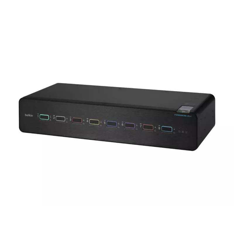KVM slēdzis Belkin F1DN208KVM-UN-4 — 8 portu, divu displeju HDMI/DisplayPort, USB tastatūra un pele, 4K@60Hz, stiprināms statīvā, melns