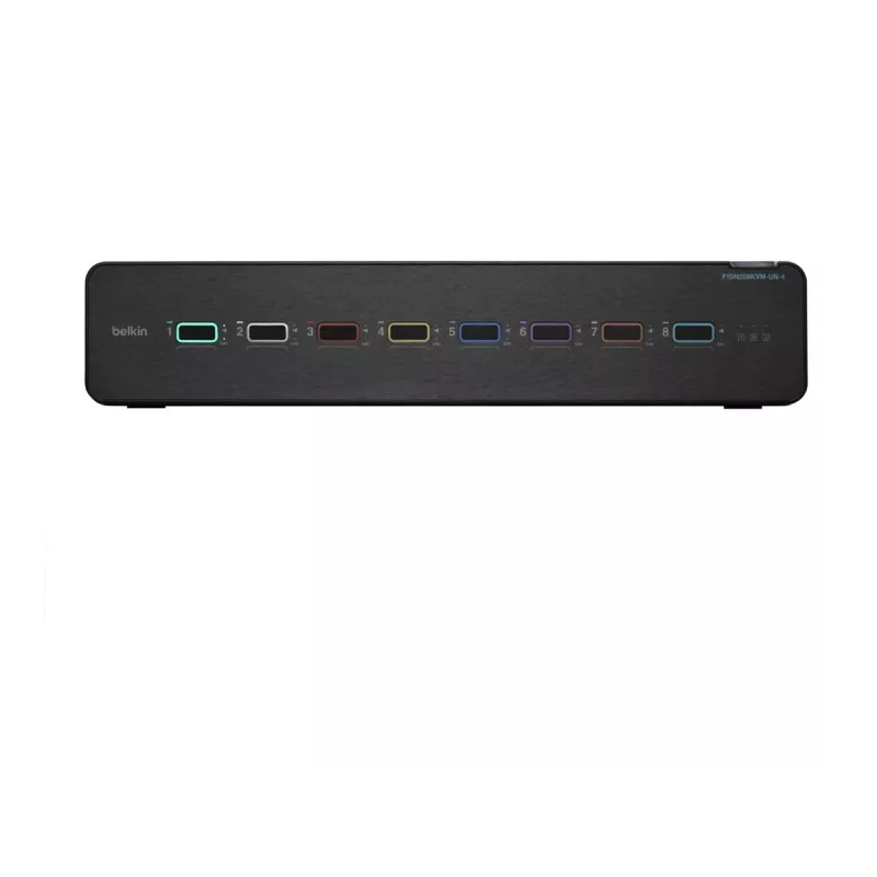KVM slēdzis Belkin F1DN208KVM-UN-4 — 8 portu, divu displeju HDMI/DisplayPort, USB tastatūra un pele, 4K@60Hz, stiprināms statīvā, melns