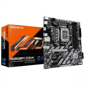 Mātesplate GIGABYTE B860M D3W - Intel Core Ultra sērijas CPU, 4+1+2 fāžu VRM, līdz 9066MHz DDR5, 2xPCIe 4.0 M.2, 1GbE LAN, USB 3.2 Gen 1