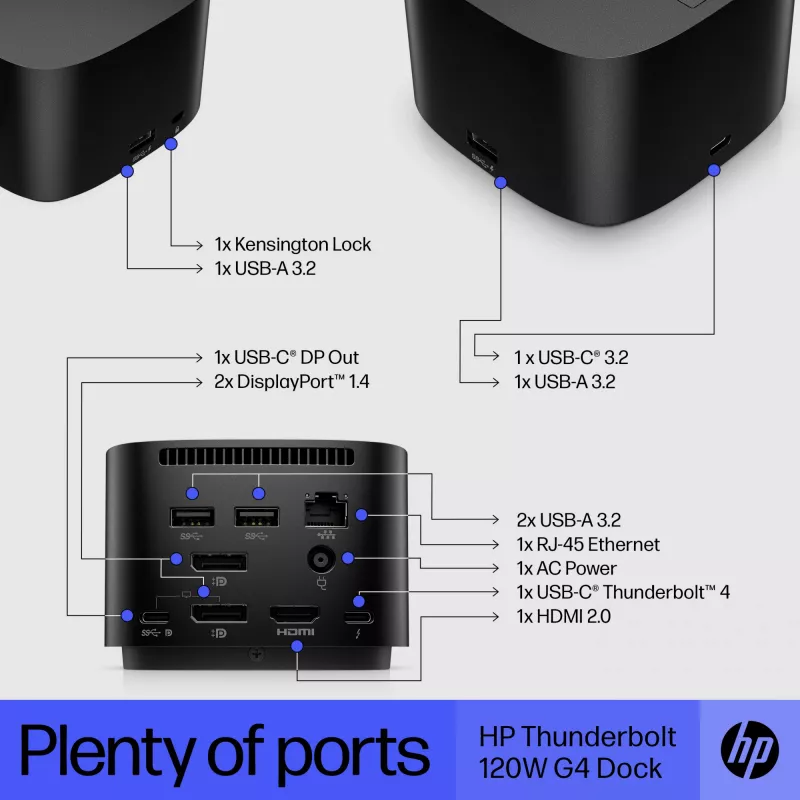 HP Thunderbolt Dock 120W G4, Kensington, Ķīna, Taizeme, Taivāna, Bizness, Windows 10, Windows 11, MacOS, 98 mm