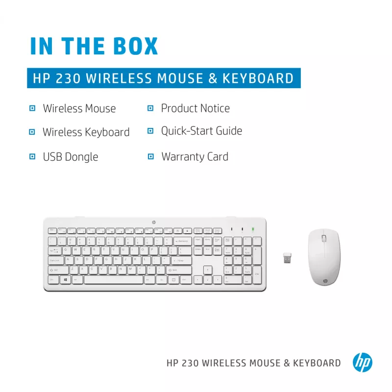 HP 230 bezvadu pele un tastatūras komplekts, balts, pele iekļauta