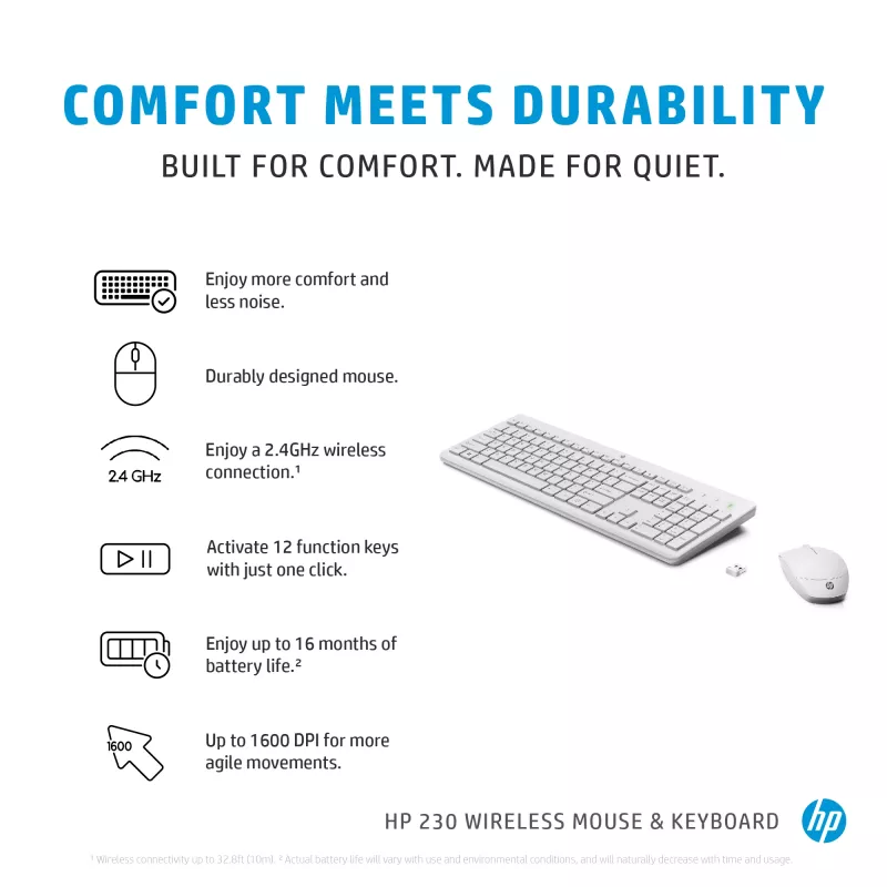 HP 230 bezvadu pele un tastatūras komplekts, balts, pele iekļauta