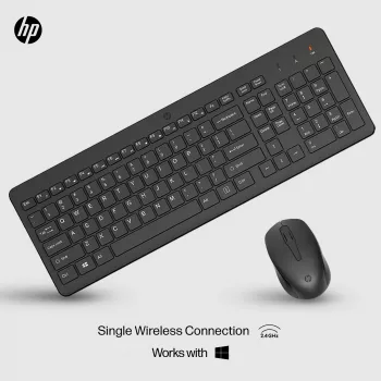 Bezvadu tastatūras un peles komplekts HP 330 — pilna izmēra tastatūra, RF bezvadu, melna, pele iekļauta