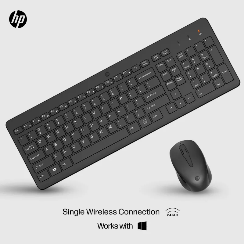 Bezvadu tastatūras un peles komplekts HP 330 — pilna izmēra tastatūra, RF bezvadu, melna, pele iekļauta