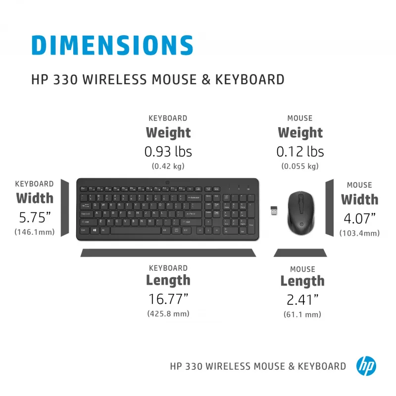 Bezvadu tastatūras un peles komplekts HP 330 — pilna izmēra tastatūra, RF bezvadu, melna, pele iekļauta