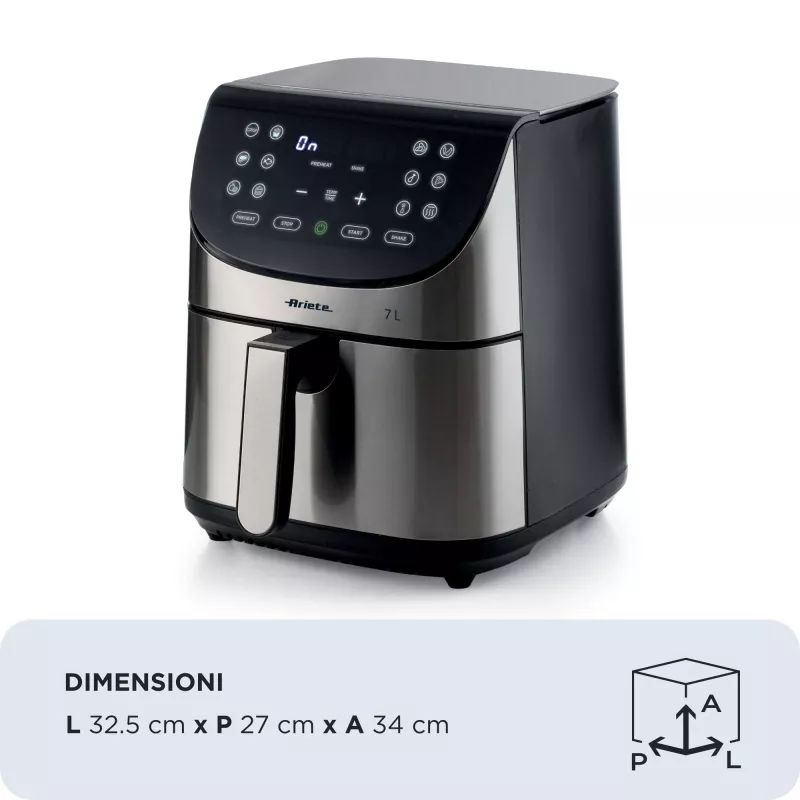 Ariete 4628 Airy Fryer Metal 7L gaisa cepeškrāsns, 1800 W, 7 L tilpums, 2.8 kg gatavošanas ietilpība, 12 ieprogrammēti režīmi, Max Crisp funkcija, temperatūra līdz 200°, nelipīgs grozs ar resti, metāla korpuss