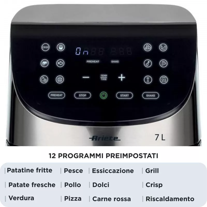 Ariete 4628 Airy Fryer Metal 7L gaisa cepeškrāsns, 1800 W, 7 L tilpums, 2.8 kg gatavošanas ietilpība, 12 ieprogrammēti režīmi, Max Crisp funkcija, temperatūra līdz 200°, nelipīgs grozs ar resti, metāla korpuss