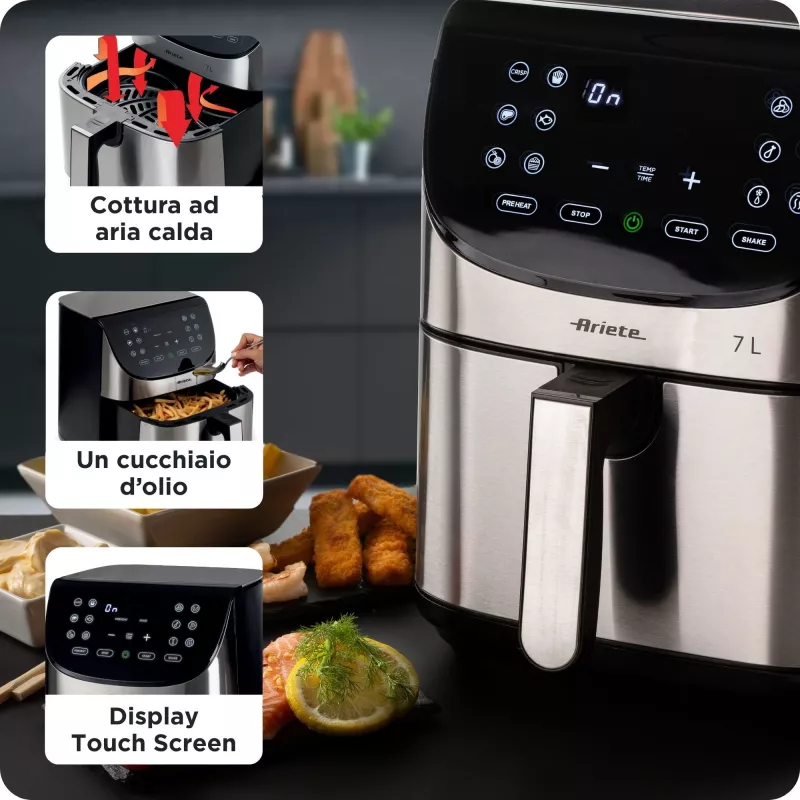 Ariete 4628 Airy Fryer Metal 7L gaisa cepeškrāsns, 1800 W, 7 L tilpums, 2.8 kg gatavošanas ietilpība, 12 ieprogrammēti režīmi, Max Crisp funkcija, temperatūra līdz 200°, nelipīgs grozs ar resti, metāla korpuss