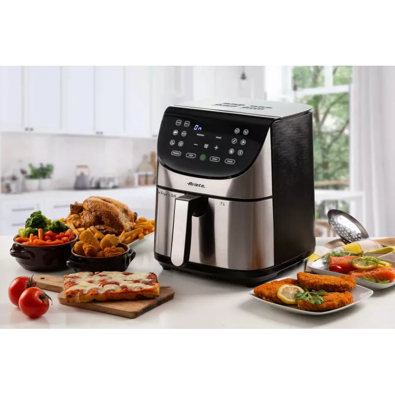 Ariete 4628 Airy Fryer Metal 7L gaisa cepeškrāsns, 1800 W, 7 L tilpums, 2.8 kg gatavošanas ietilpība, 12 ieprogrammēti režīmi, Max Crisp funkcija, temperatūra līdz 200°, nelipīgs grozs ar resti, metāla korpuss