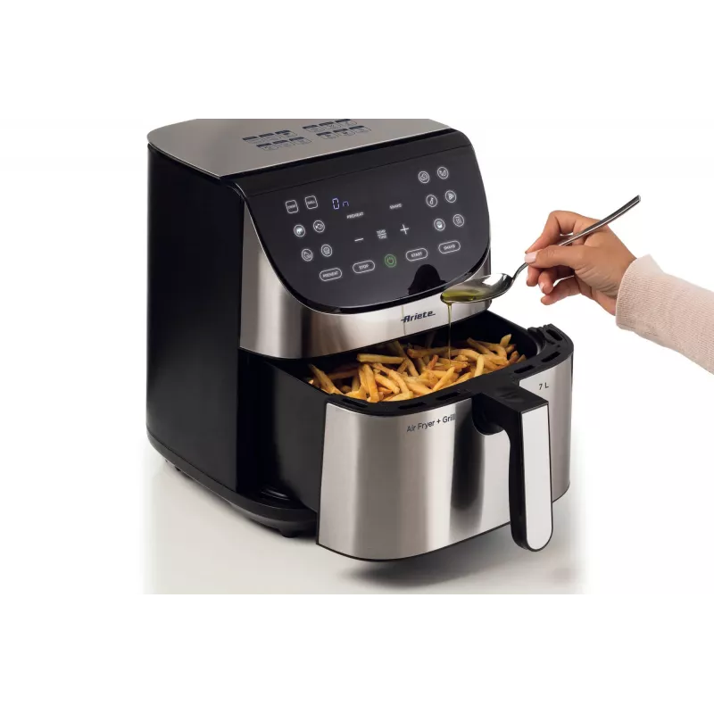 Ariete 4628 Airy Fryer Metal 7L gaisa cepeškrāsns, 1800 W, 7 L tilpums, 2.8 kg gatavošanas ietilpība, 12 ieprogrammēti režīmi, Max Crisp funkcija, temperatūra līdz 200°, nelipīgs grozs ar resti, metāla korpuss