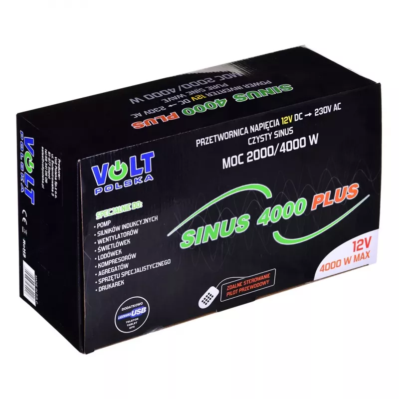 Volt Polska Sinus Plus 4000 12/230 V tīrā sinusa invertors, 2000 W nepārtrauktā jauda / 4000 W maksimālā jauda