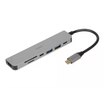 Docking centrs IBOX IUH3SL4K USB Type-C 5 Gbit/s, HDMI 4K@30Hz, PD līdz 100W, 2x USB-A, 2x USB-C, karšu lasītājs, sudrabs