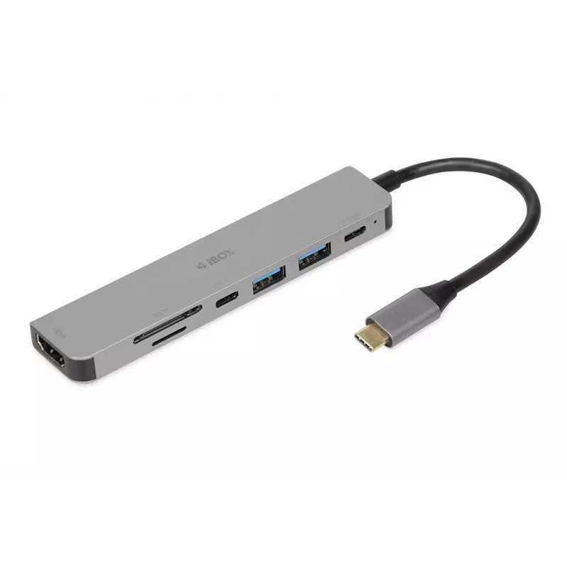 Docking centrs IBOX IUH3SL4K USB Type-C 5 Gbit/s, HDMI 4K@30Hz, PD līdz 100W, 2x USB-A, 2x USB-C, karšu lasītājs, sudrabs
