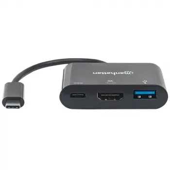 Manhattan USB-C dokstacija/hubs, porti (x3): HDMI, USB-A un USB-C, 5 Gbps (USB 3.2 Gen1 jeb USB 3.0), ar Power Delivery (60W) uz USB-C portu (piezīme: nepieciešams papildu USB-C sienas lādētājs un USB-C kabelis)