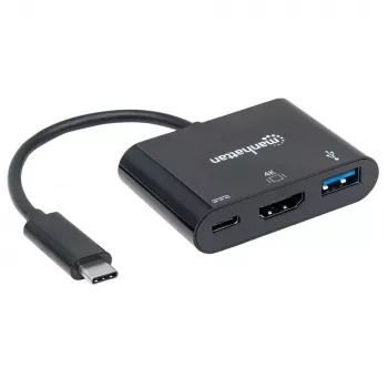 Manhattan USB-C dokstacija/hubs, porti (x3): HDMI, USB-A un USB-C, 5 Gbps (USB 3.2 Gen1 jeb USB 3.0), ar Power Delivery (60W) uz USB-C portu (piezīme: nepieciešams papildu USB-C sienas lādētājs un USB-C kabelis)