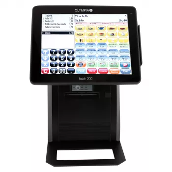 Viss-vienā kases aparāts Olympia Touch 200 TSE — 9,7 collu TFT skārienekrāns, termopārsūtīšanas printeris 170 mm/s, SD karte, Melns