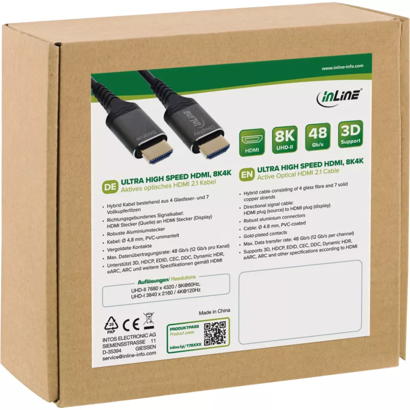 InLine HDMI AOC kabelis 17915X Ultra High Speed 8K, aktīvais optiskais, 15 m